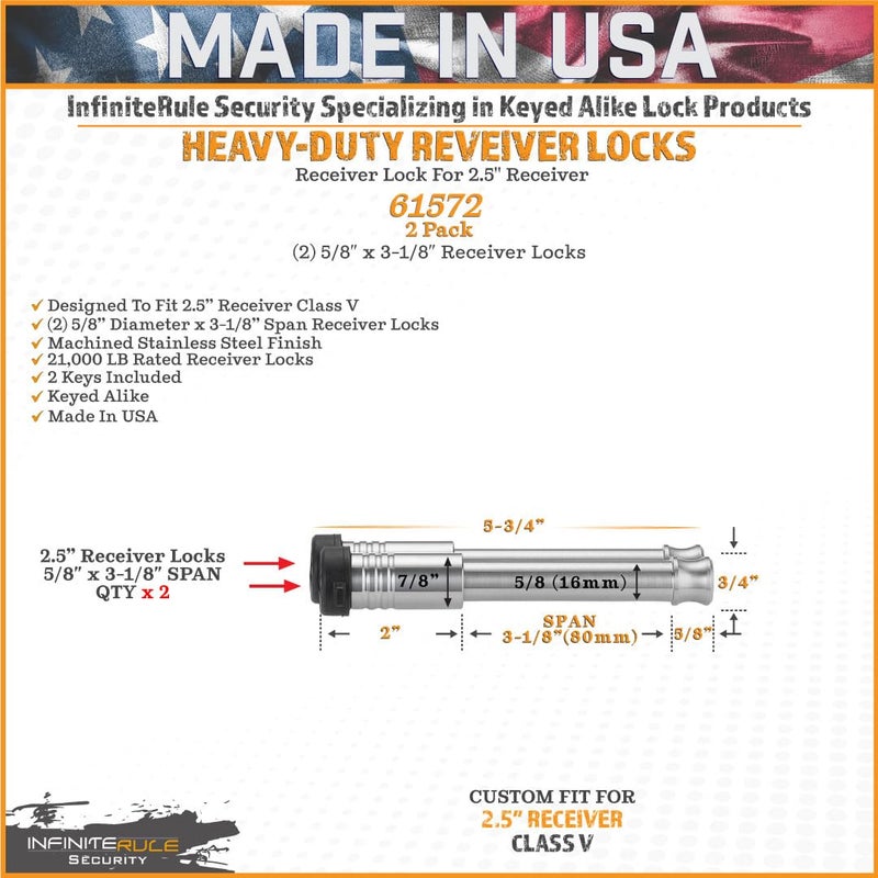InfiniteRule Security 61572 | 2 Pack, Keyed Alike, Receiver Locks for 2" and 2.5" Receiver Class III, IV, V and Gen-Y Hitch Mega Duty 10K LB & 16K LB - Image 3
